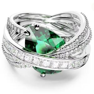 Genuine SWAROVSKI HYPERBOLA Pear Emerald & Clear Cocktail Bridge Ring 7 Rhodium